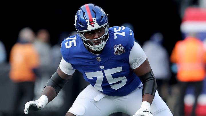 Dec 8, 2024; East Rutherford, New Jersey, USA; New York Giants guard Joshua Ezeudu (75) during the first quarter against the New Orleans Saints at MetLife Stadium. Mandatory Credit: Brad Penner-Imagn Images