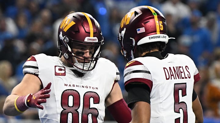 Jan 18, 2025; Detroit, Michigan, USA; Washington Commanders tight end Zach Ertz (86) celebrates touchdown pass with quarterback Jayden Daniels (5) during the second quarter in a 2025 NFC divisional round game at Ford Field. Mandatory Credit: Lon Horwedel-Imagn Images