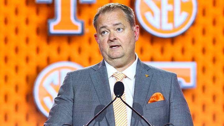 Jul 20, 2026; Tampa, FL, USA; Tennessee Volunteers head coach Josh Heupel speaks to the press during SEC Football Kickoff Media Day at the Tampa Marriott. Mandatory Credit: Nathan Ray Seebeck-Imagn Images