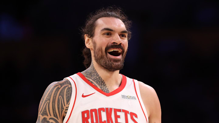 Mar 31, 2025; Los Angeles, California, USA;  Houston Rockets center Steven Adams (12) reacts to a play during the third quarter against the Los Angeles Lakers at Crypto.com Arena. Mandatory Credit: Kiyoshi Mio-Imagn Images