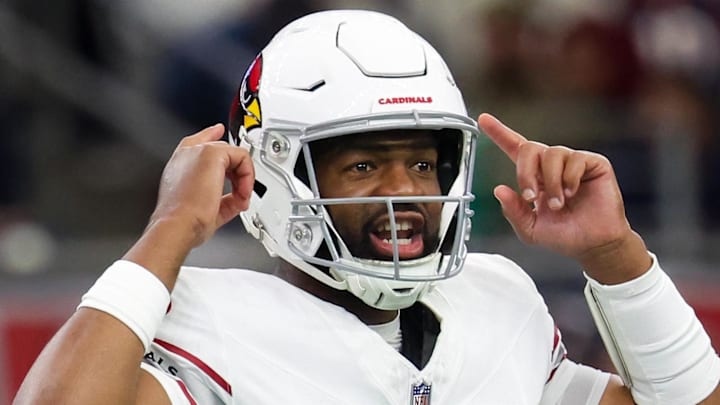 Dec 14, 2025; Houston, Texas, USA; Arizona Cardinals quarterback Jacoby Brissett (7) calls an audible against the Houston Texans in the third quarter at NRG Stadium. Mandatory Credit: Thomas Shea-Imagn Images