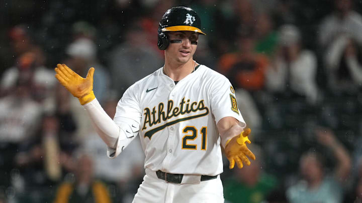 Sep 24, 2025; West Sacramento, California, USA; Athletics left fielder Tyler Soderstrom (21) reacts after hitting a home run against the Houston Astros in the seventh inning at Sutter Health Park. Mandatory Credit: Cary Edmondson-Imagn Images