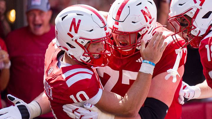 Nebraska quarterback Anthony Colandrea (10) celebrates with offensive lineman Gunnar Gottula after scoring a touchdown against Ohio, Nebraska quarterback Anthony Colandrea (10) celebrates with offensive lineman Gunnar Gottula after scoring a touchdown against Ohio,