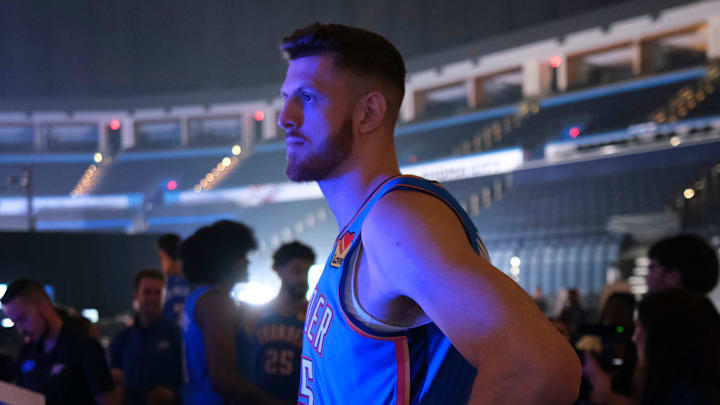 Isaiah Hartenstein watches a session. Thunder media day ay the Paycom Center Monday, Sept. 30, 2024.