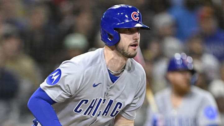 Apr 15, 2025; San Diego, California, USA; Chicago Cubs right fielder Kyle Tucker (30) hits a single during the fifth inning against the San Diego Padres at Petco Park. Apr 15, 2025; San Diego, California, USA; Chicago Cubs right fielder Kyle Tucker (30) hits a single during the fifth inning against the San Diego Padres at Petco Park.