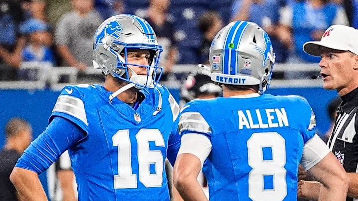 Detroit Lions quarterback Jared Goff (16) and quarterback Kyle Allen (8) talk to a referee ahead of the Houston Texans game at Ford Field in Detroit on Saturday, August 23, 2025. Detroit Lions quarterback Jared Goff (16) and quarterback Kyle Allen (8) talk to a referee ahead of the Houston Texans game at Ford Field in Detroit on Saturday, August 23, 2025.
