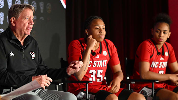 Oct 6, 2025; Charlotte, NC, USA; North Carolina State head coach Wes Moore answers questions from the media at The Hilton Charlotte Uptown. Mandatory Credit: William Howard-Imagn Images