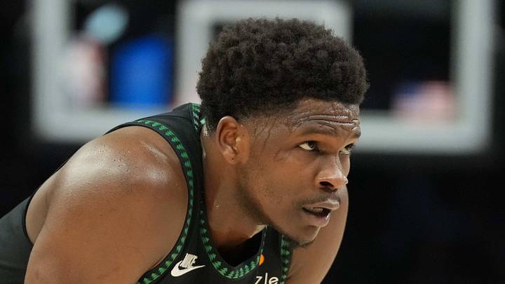 May 15, 2026; Minneapolis, Minnesota, USA; Minnesota Timberwolves guard Anthony Edwards (5) looks on against the San Antonio Spurs in the first half during game six of the second round of the 2026 NBA Playoffs at Target Center. Mandatory Credit: Jesse Johnson-Imagn Images