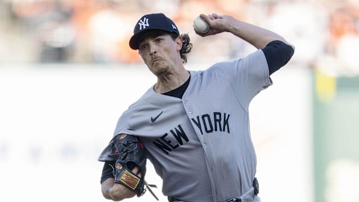 Mar 25, 2026; San Francisco, California, USA; New York Yankees pitcher Max Fried (54) delivers a pitch against the San Francisco Giants in the first inning at Oracle Park. Mandatory Credit: Cary Edmondson-Imagn Images