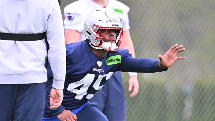 May 9, 2026; Foxborough, MA, USA; New England Patriots linebacker Quintayvious Hutchins (45) does a drill with coaching staff during the New England Patriots rookie camp at Gillette Stadium. Mandatory Credit: Eric Canha-Imagn Images