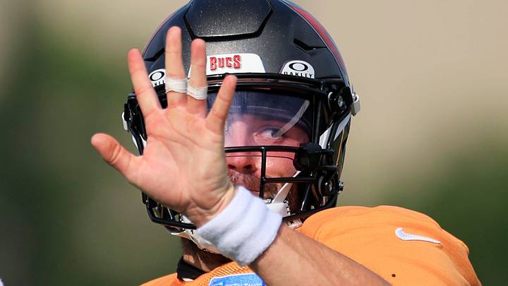 Tampa Bay Buccaneers quarterback Baker Mayfield (6) throws the ball during a joint Buccaneers‑Jaguars NFL practice at the Miller Electric Center on Tuesday, Aug. 25, 2026, in Jacksonville, Fla. Tampa Bay Buccaneers quarterback Baker Mayfield (6) throws the ball during a joint Buccaneers‑Jaguars NFL practice at the Miller Electric Center on Tuesday, Aug. 25, 2026, in Jacksonville, Fla.