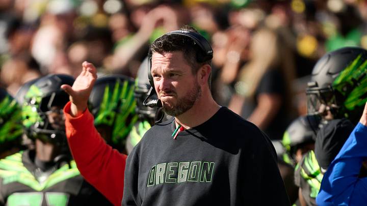 Oct 10, 2026; Eugene, Oregon, USA; Oregon Ducks head coach Dan Lanning watches the offenses during the second half in a game against the UCLA Bruins at Autzen Stadium. Oct 10, 2026; Eugene, Oregon, USA; Oregon Ducks head coach Dan Lanning watches the offenses during the second half in a game against the UCLA Bruins at Autzen Stadium.