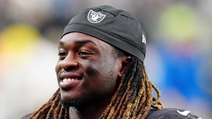Oct 12, 2025; Paradise, Nevada, USA; Las Vegas Raiders running back Ashton Jeanty (2) reacts after the game against the Tennessee Titans at Allegiant Stadium. Mandatory Credit: Stephen R. Sylvanie-Imagn Images