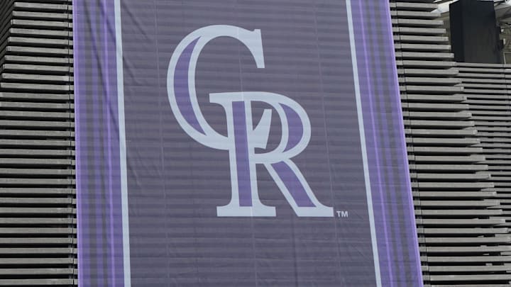 Apr 26, 2024; Mexico City, Mexico;  A banner with the Colorado Rockies logo at Estadio Alfredo Harp Helu. 