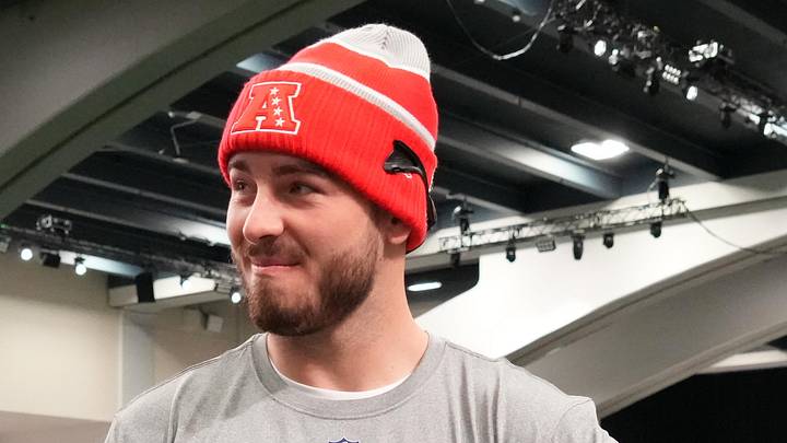 Feb 2, 2026; San Francisco, CA, USA; Buffalo Bills tight end Dalton Kincaid (86) during AFC practice at the NFL Flag Fieldhouse at Moscone Center South Building. Mandatory Credit: Kirby Lee-Imagn Images