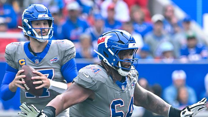 Sep 27, 2026; Orchard Park, New York, USA; Buffalo Bills guard O'Cyrus Torrence (64) pass pretects quarterback Josh Allen (17) against the Los Angeles Chargers in the second half at New Highmark Stadium. Mandatory Credit: Mark Konezny-Imagn Images Sep 27, 2026; Orchard Park, New York, USA; Buffalo Bills guard O'Cyrus Torrence (64) pass pretects quarterback Josh Allen (17) against the Los Angeles Chargers in the second half at New Highmark Stadium. Mandatory Credit: Mark Konezny-Imagn Images