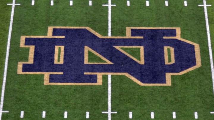 Oct 17, 2015; South Bend, IN, USA; General view of the Notre Dame Fighting Irish logo at midfield