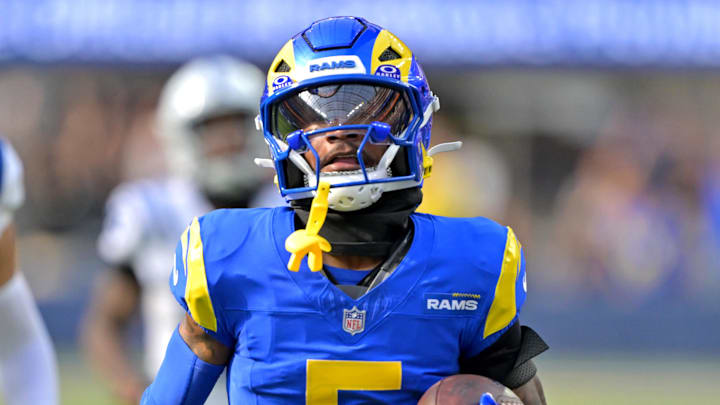 Sep 28, 2025; Inglewood, California, USA; Los Angeles Rams wide receiver Tutu Atwell (5) runs for a touchdown on an 88 yard pass play in the fourth quarter against the Indianapolis Colts at SoFi Stadium. Mandatory Credit: Jayne Kamin-Oncea-Imagn Images Sep 28, 2025; Inglewood, California, USA; Los Angeles Rams wide receiver Tutu Atwell (5) runs for a touchdown on an 88 yard pass play in the fourth quarter against the Indianapolis Colts at SoFi Stadium. Mandatory Credit: Jayne Kamin-Oncea-Imagn Images