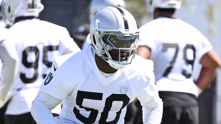 Las Vegas Raiders linebacker Segun Olubi during organized team activities. Las Vegas Raiders linebacker Segun Olubi during organized team activities.