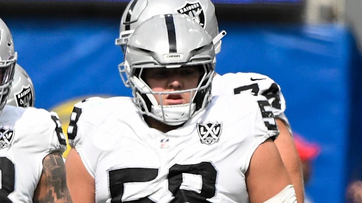 Oct 20, 2024; Inglewood, California, USA; Las Vegas Raiders linemen Jordan Meredith (61), Andre James (68) and Jackson Powers-Johnson (58) during an NFL game against the Los Angeles Rams at SoFi Stadium. Mandatory Credit: Robert Hanashiro-Imagn Images
