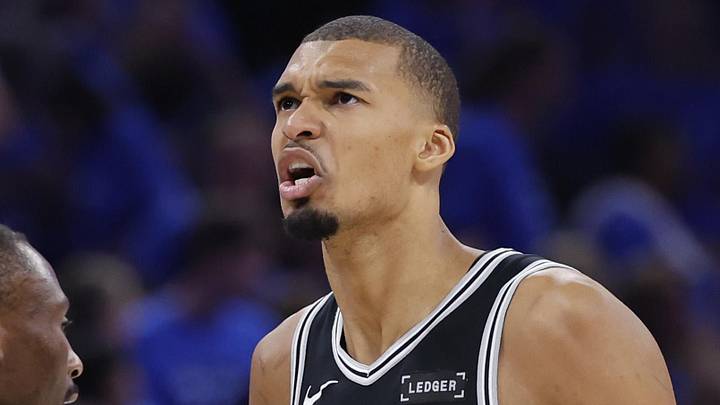 May 30, 2026; Oklahoma City, Oklahoma, USA; San Antonio Spurs forward Victor Wembanyama (1) reacts in the fourth quarter against the Oklahoma City Thunder during game seven of the western conference finals for the 2026 NBA playoffs at Paycom Center. Mandatory Credit: Alonzo Adams-Imagn Images