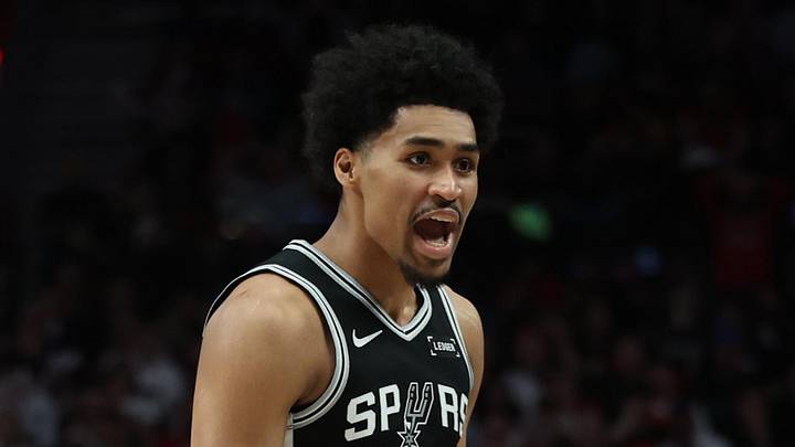 Apr 24, 2026; Portland, Oregon, USA; San Antonio Spurs guard Dylan Harper (2) reacts after scoring against Portland Trail Blazers guard Jrue Holiday (5) during the second half during game three of the first round of the 2026 NBA Playoffs at Moda Center. Mandatory Credit: Jaime Valdez-Imagn Images Apr 24, 2026; Portland, Oregon, USA; San Antonio Spurs guard Dylan Harper (2) reacts after scoring against Portland Trail Blazers guard Jrue Holiday (5) during the second half during game three of the first round of the 2026 NBA Playoffs at Moda Center. Mandatory Credit: Jaime Valdez-Imagn Images