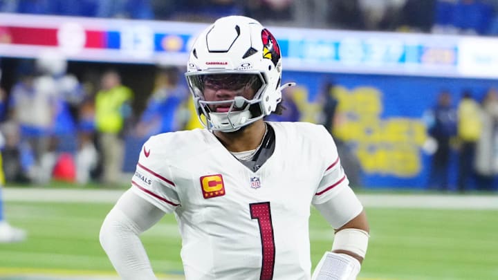 Dec 28, 2024; Inglewood, California, USA; Arizona Cardinals quarterback Kyler Murray (1) reacts after a pass is interceptied with 42 seconds remaining against the Los Angeles Rams at SoFi Stadium. Mandatory Credit: Kirby Lee-Imagn Images
