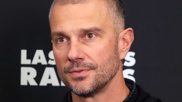 Feb 25, 2025; Indianapolis, IN, USA; Las Vegas Raiders general manager John Spytek on radio row during the NFL Scouting Combine at the Indiana Convention Center. Mandatory Credit: Kirby Lee-Imagn Images
