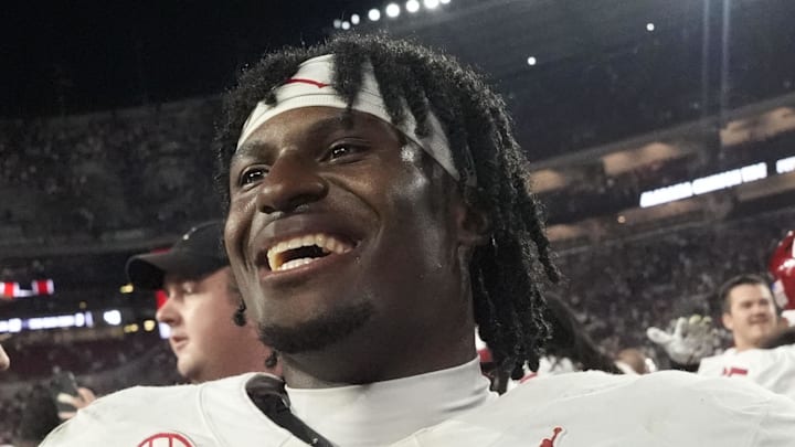 Nov 15, 2025; Tuscaloosa, Alabama, USA;  Oklahoma linebacker Sammy Omosigho (7) celebrates after Oklahoma defeated the Alabama Crimson Tide 23-21 at Saban Field at Bryant-Denny Stadium. Mandatory Credit: Gary Cosby Jr.-Imagn Images