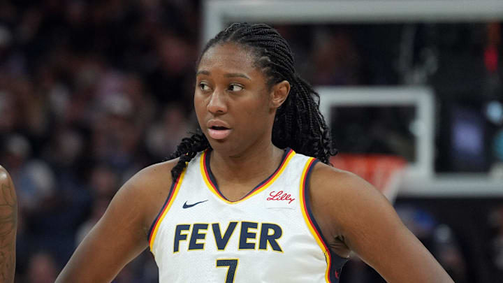 Aug 31, 2025; San Francisco, California, USA; Indiana Fever forwards Natasha Howard (6) and Aliyah Boston (7) stand on the court during the third quarter against the Golden State Valkyries at Chase Center. Mandatory Credit: Darren Yamashita-Imagn Images Aug 31, 2025; San Francisco, California, USA; Indiana Fever forwards Natasha Howard (6) and Aliyah Boston (7) stand on the court during the third quarter against the Golden State Valkyries at Chase Center. Mandatory Credit: Darren Yamashita-Imagn Images