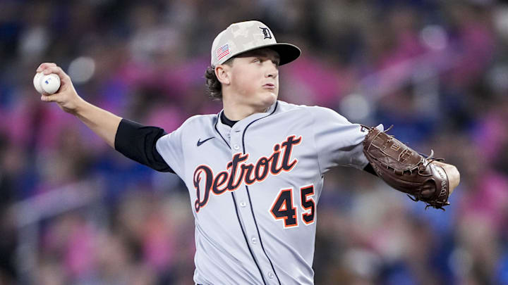 May 17, 2025; Toronto, Ontario, CAN; Detroit Tigers pitcher Reese Olson (45) pitches to the  Toronto Blue Jays during the first inning in their MLB game at Rogers Centre. 