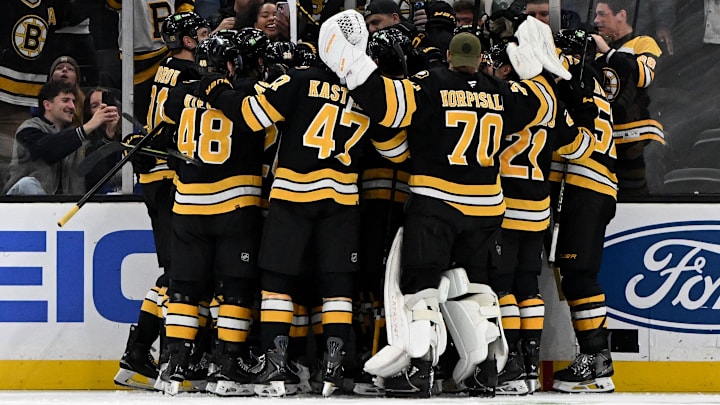 Nov 11, 2025; Boston, Massachusetts, USA; The Boston Bruins react after the right wing David Pastrnak (88) scored his 400th goal against the Toronto Maple Leafs during the second period at the TD Garden. Mandatory Credit: Brian Fluharty-Imagn Images Nov 11, 2025; Boston, Massachusetts, USA; The Boston Bruins react after the right wing David Pastrnak (88) scored his 400th goal against the Toronto Maple Leafs during the second period at the TD Garden. Mandatory Credit: Brian Fluharty-Imagn Images