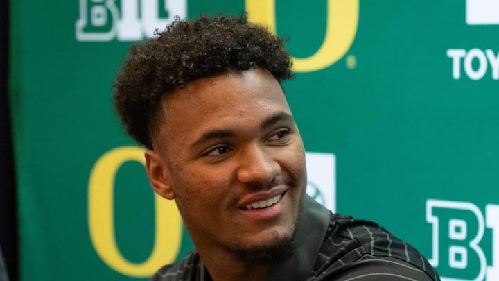 Oregon tight end Kenyon Sadiq talks with reporters during Oregon football’s Media Day on July 28, 2025, at Autzen Stadium in Eugene.
