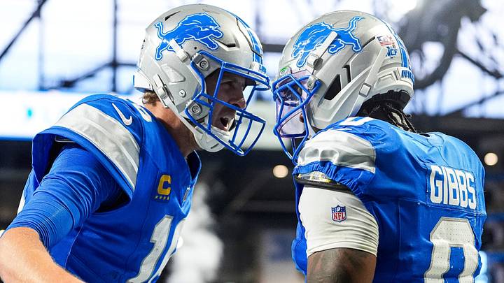 Detroit Lions running back Jahmyr Gibbs (0) celebrates a touchdown against Jets with quarterback Jared Goff (16) Detroit Lions running back Jahmyr Gibbs (0) celebrates a touchdown against Jets with quarterback Jared Goff (16)