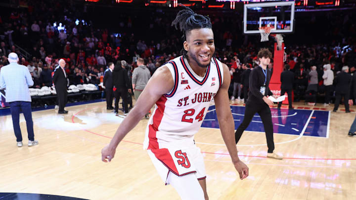 Feb 6, 2026; New York, New York, USA;  St. John's basketball forward Zuby Ejiofor (24) celebrates after defeating the UConn Huskies at Madison Square Garden.