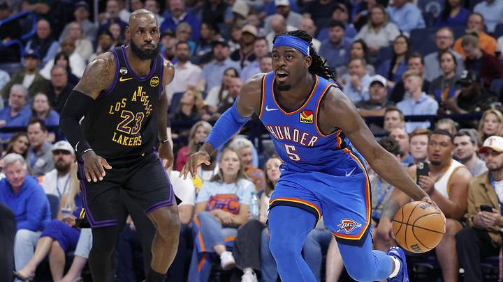 Apr 2, 2026; Oklahoma City, Oklahoma, USA; Oklahoma City Thunder guard Luguentz Dort (5) drives around Los Angeles Lakers forward LeBron James (23) during the second half at Paycom Center. Mandatory Credit: Alonzo Adams-Imagn Images Apr 2, 2026; Oklahoma City, Oklahoma, USA; Oklahoma City Thunder guard Luguentz Dort (5) drives around Los Angeles Lakers forward LeBron James (23) during the second half at Paycom Center. Mandatory Credit: Alonzo Adams-Imagn Images