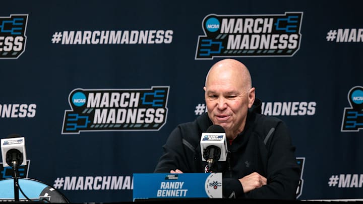 Mar 18, 2026; Oklahoma City, OK, USA; Saint Mary's Gaels head coach Randy Bennett gives an interview prior to a practice session ahead of the first round of the men's 2026 NCAA Tournament at Paycom Center. Mandatory Credit: William Purnell-Imagn Images Mar 18, 2026; Oklahoma City, OK, USA; Saint Mary's Gaels head coach Randy Bennett gives an interview prior to a practice session ahead of the first round of the men's 2026 NCAA Tournament at Paycom Center. Mandatory Credit: William Purnell-Imagn Images