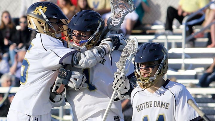 The Elmira Notre Dame boys lacrosse team celebrates a goal. The teams' coach, Geoff Crossley, was named a USA Coach of the Year.