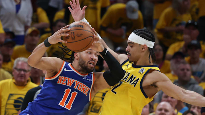 May 31, 2025; Indianapolis, Indiana, USA; Indiana Pacers guard Andrew Nembhard (2) defends against New York Knicks guard Jalen Brunson (11) in the second quarter during game six of the eastern conference finals for the 2025 NBA Playoffs at Gainbridge Fieldhouse. Mandatory Credit: Trevor Ruszkowski-Imagn Images May 31, 2025; Indianapolis, Indiana, USA; Indiana Pacers guard Andrew Nembhard (2) defends against New York Knicks guard Jalen Brunson (11) in the second quarter during game six of the eastern conference finals for the 2025 NBA Playoffs at Gainbridge Fieldhouse. Mandatory Credit: Trevor Ruszkowski-Imagn Images