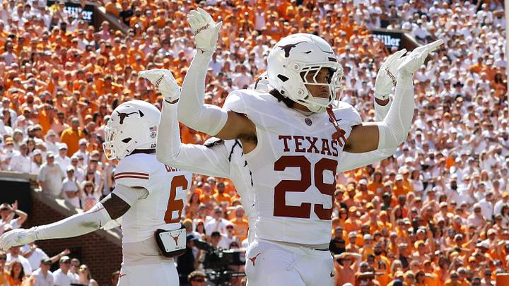 Texas Longhorns defensive back Graceson Littleton (29) reacts during the second half against the Tennessee Volunteers at Neyland Stadium. Texas Longhorns defensive back Graceson Littleton (29) reacts during the second half against the Tennessee Volunteers at Neyland Stadium.