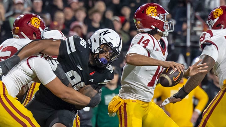 Nebraska defensive lineman Williams Nwaneri rushes USC quarterback Jayden Maiava.