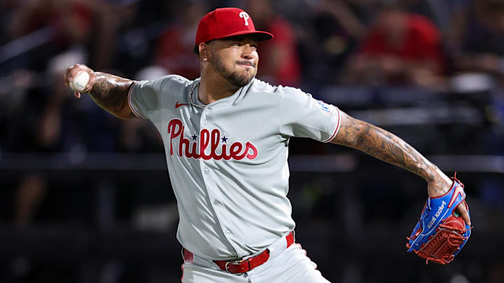 May 7, 2025; Tampa, Florida, USA; Philadelphia Phillies pitcher Taijuan Walker (99) throws a pitch against the Tampa Bay Rays in the eighth inning at George M. Steinbrenner Field