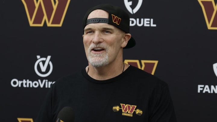 Jun 5, 2024; Ashburn, VA, USA; Washington Commanders head coach Dan Quinn speaks with the media prior to an OTA workout at Commanders Park. Mandatory Credit: Geoff Burke-USA TODAY Sports Jun 5, 2024; Ashburn, VA, USA; Washington Commanders head coach Dan Quinn speaks with the media prior to an OTA workout at Commanders Park. Mandatory Credit: Geoff Burke-USA TODAY Sports