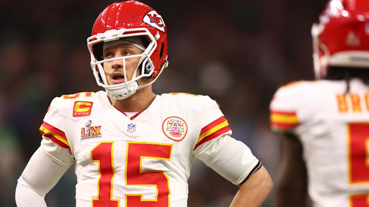 Kansas City Chiefs quarterback Patrick Mahomes (15) reacts in the fourth quarter against the Philadelphia Eagles in Super Bowl LIX at Caesars Superdome.