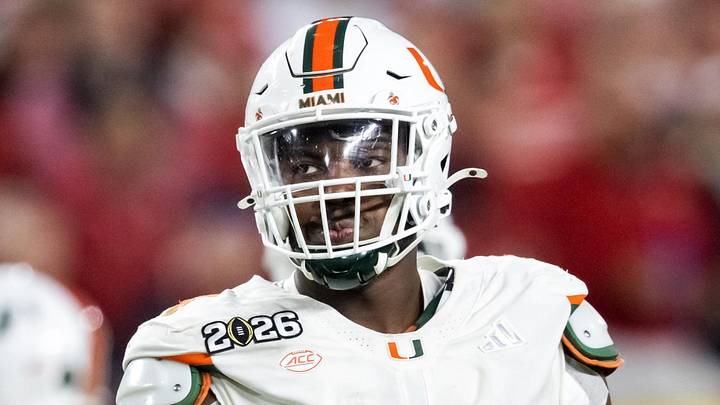 Jan 19, 2026; Miami Gardens, FL, USA; Miami Hurricanes defensive lineman Rueben Bain Jr. (4) against the Indiana Hoosiers during the College Football Playoff National Championship game at Hard Rock Stadium. Mandatory Credit: Mark J. Rebilas-Imagn Images Jan 19, 2026; Miami Gardens, FL, USA; Miami Hurricanes defensive lineman Rueben Bain Jr. (4) against the Indiana Hoosiers during the College Football Playoff National Championship game at Hard Rock Stadium. Mandatory Credit: Mark J. Rebilas-Imagn Images