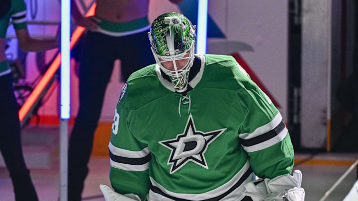 Feb 4, 2026; Dallas, Texas, USA; Dallas Stars goaltender Jake Oettinger (29) takes the ice as the Stars celebrate their 2026 Winter Olympics hockey players before the game against the St. Louis Blues at the American Airlines Center. Mandatory Credit: Jerome Miron-Imagn Images