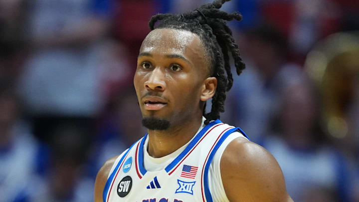 Mar 20, 2026; San Diego, CA, USA; Kansas Jayhawks guard Darryn Peterson (22) looks on in the first half against the California Baptist Lancers during a first round game of the men's 2026 NCAA Tournament at Viejas Arena. Mandatory Credit: Kirby Lee-Imagn Images