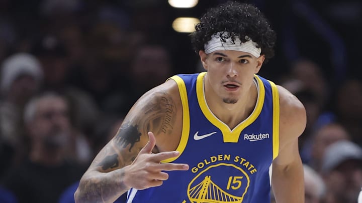 Mar 7, 2026; Oklahoma City, Oklahoma, USA; Golden State Warriors forward Gui Santos (15) gestures after scoring against the Oklahoma City Thunder during the first half at Paycom Center. Mandatory Credit: Alonzo Adams-Imagn Images Mar 7, 2026; Oklahoma City, Oklahoma, USA; Golden State Warriors forward Gui Santos (15) gestures after scoring against the Oklahoma City Thunder during the first half at Paycom Center. Mandatory Credit: Alonzo Adams-Imagn Images