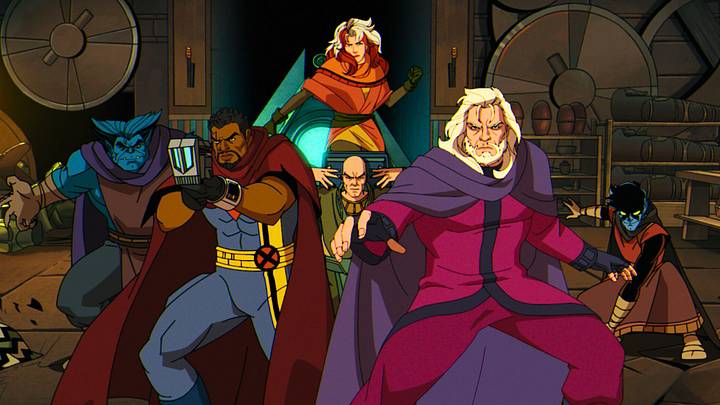 (L-R): Beast (voiced by George Buza), Bishop (voiced by Isaac Robinson-Smith), Rogue (voiced by Lenore Zann), Professor X (voiced by Ross Marquand), Magneto (voiced by Matthew Waterson), and Nightcrawler (voiced by Adrian Hough) in Marvel Animation's X-MEN '97 Season 2, exclusively on Disney+. 