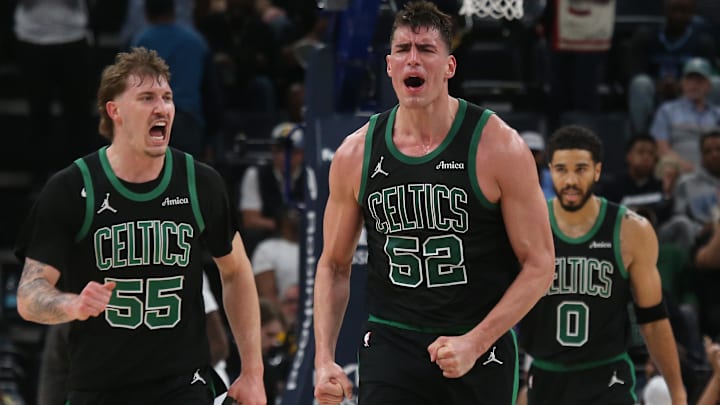 Mar 20, 2026; Memphis, Tennessee, USA; Boston Celtics guard Baylor Scheierman (55) and center Luka Garza (52) react during the fourth quarter against the Memphis Grizzlies at FedExForum. Mandatory Credit: Petre Thomas-Imagn Images Mar 20, 2026; Memphis, Tennessee, USA; Boston Celtics guard Baylor Scheierman (55) and center Luka Garza (52) react during the fourth quarter against the Memphis Grizzlies at FedExForum. Mandatory Credit: Petre Thomas-Imagn Images